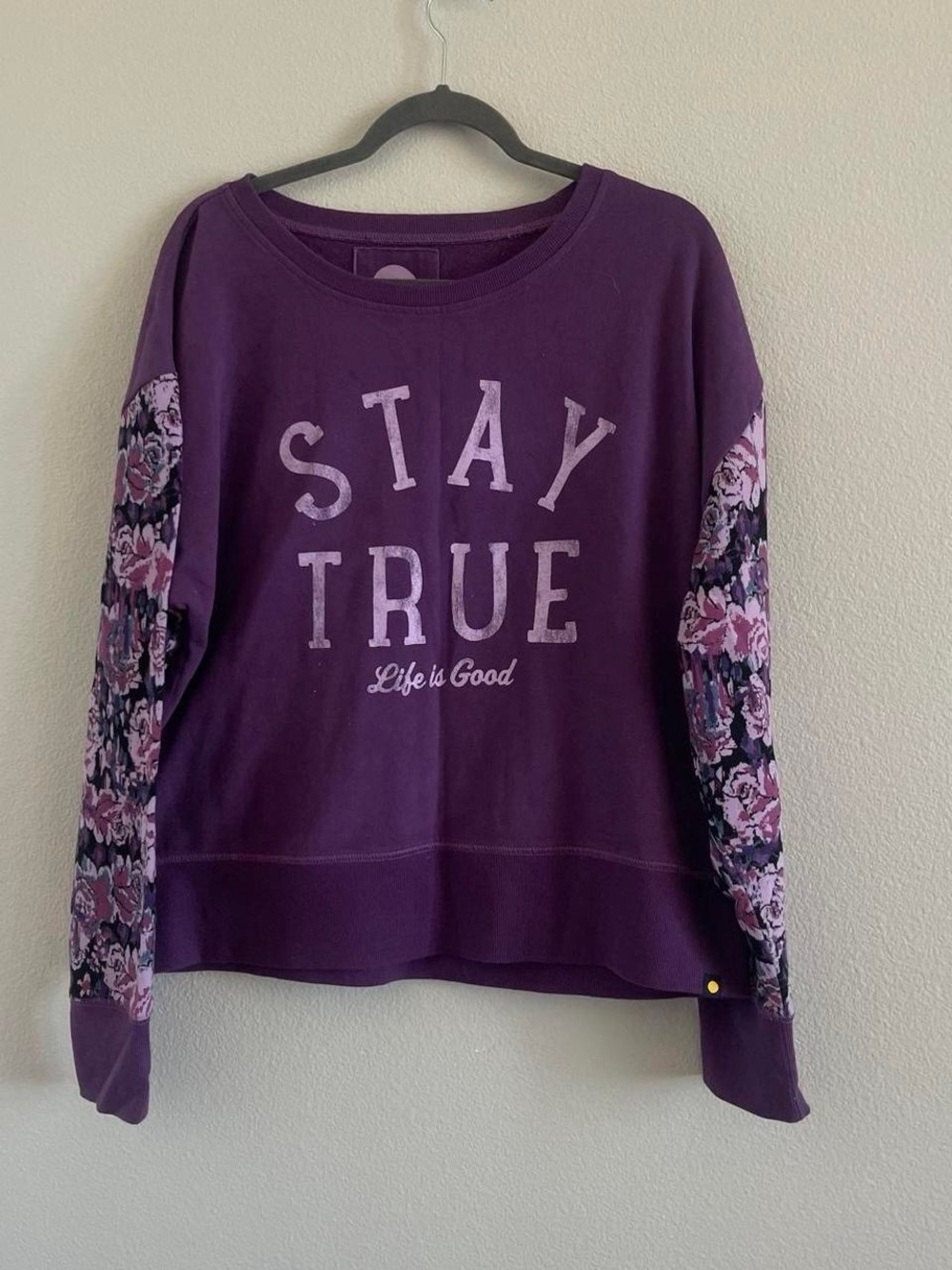 Life is Good Women’s Purple "Stay True" Floral Sleeve Sweatshirt